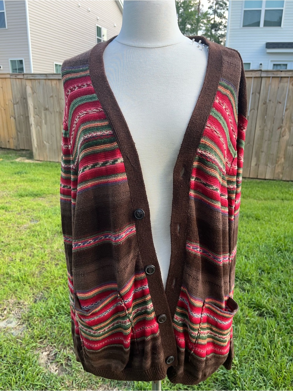 Denim & Supply Ralph Lauren Brown Cardigan with Red and Green Stripe Pattern